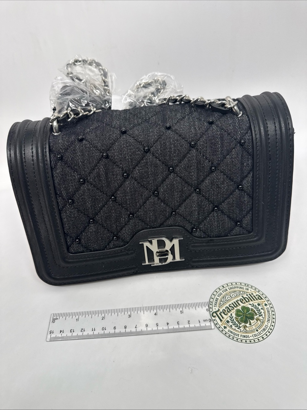 Badgley Mischka Black Quilted black diamond denim Crossbody Bag Silver Hardware - Picture 15 of 16